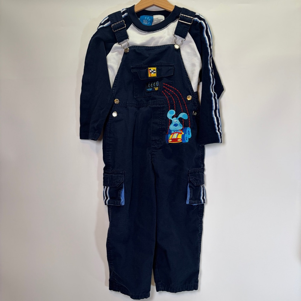 VTG 2000 Blue’s Clues 5T Overalls Outfit Shirt Set Blue Race Car Viacom‎ Blues